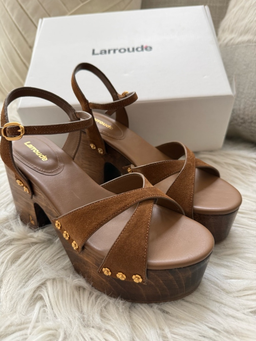 Larroude Talitha Russet Suede Platform Sandals with Gold Studs - Picture 8 of 12